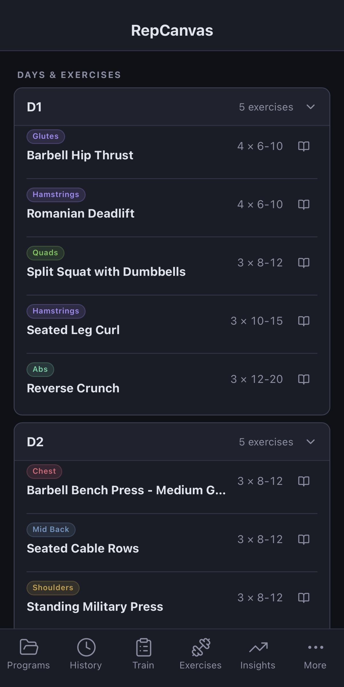 Day-by-day program structure — D1 hip thrusts, RDLs, split squats; exercises grouped by muscle with rep ranges