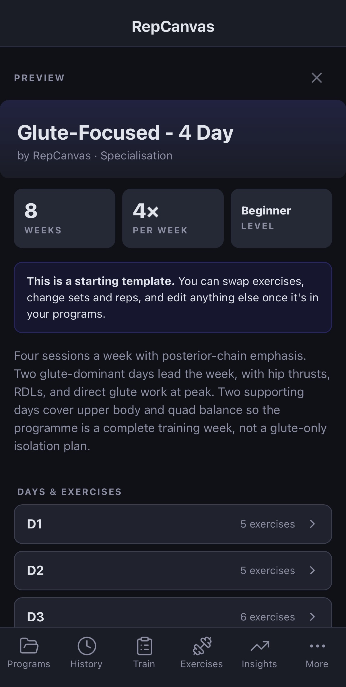 Program preview — Glute-Focused 4-Day with weeks, sessions per week, and level at a glance