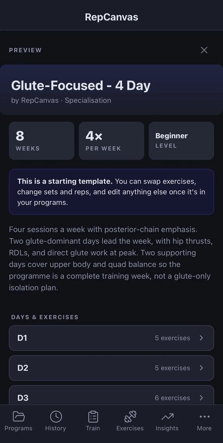 Program preview - Glute-Focused 4-Day with weeks, sessions per week, and level at a glance