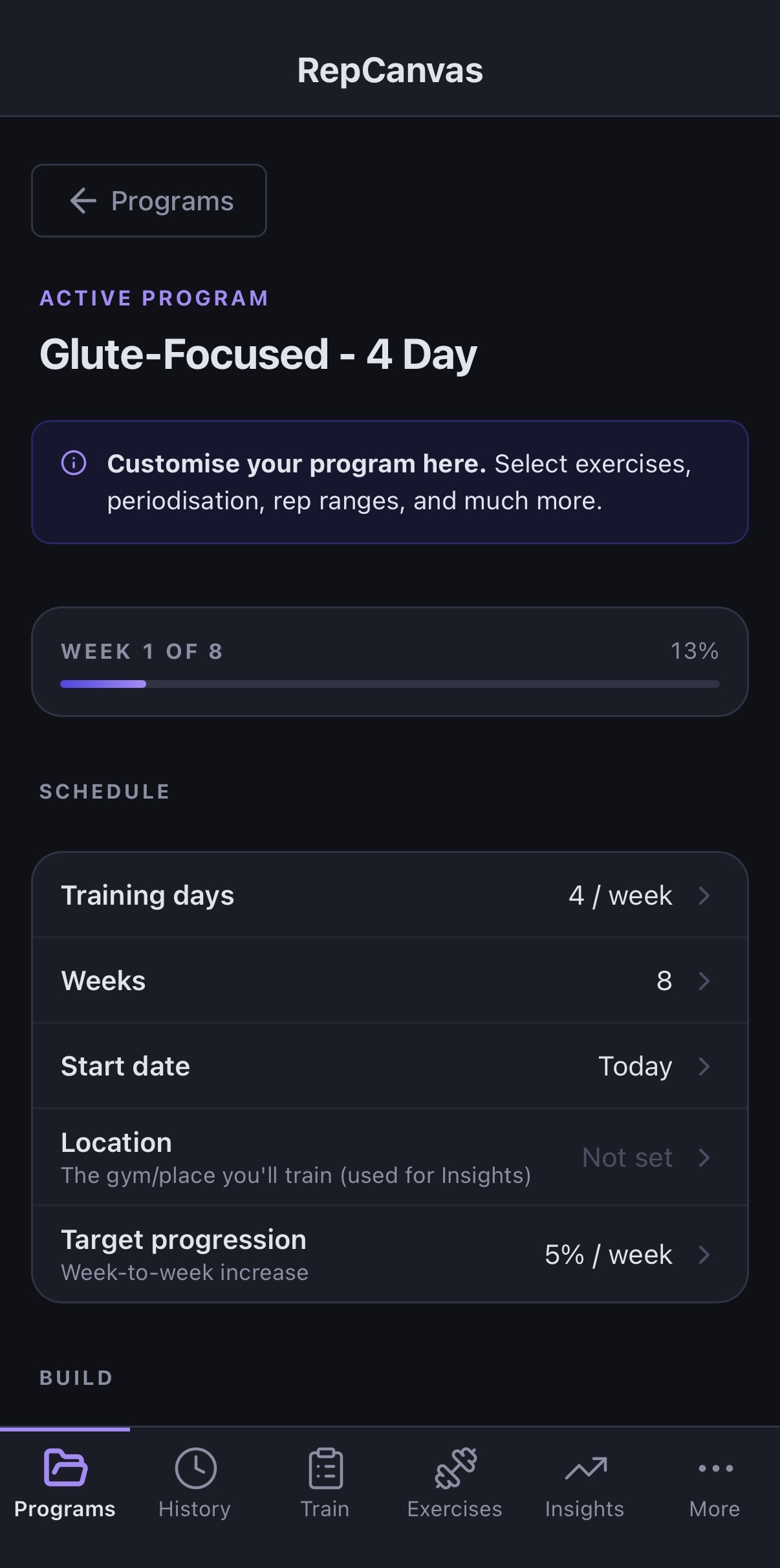 Active program overview — Week 1 of 8 progress, training days, start date, target progression rate