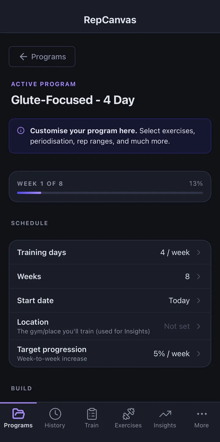 Active program overview - Week 1 of 8 progress, training days, start date, target progression rate