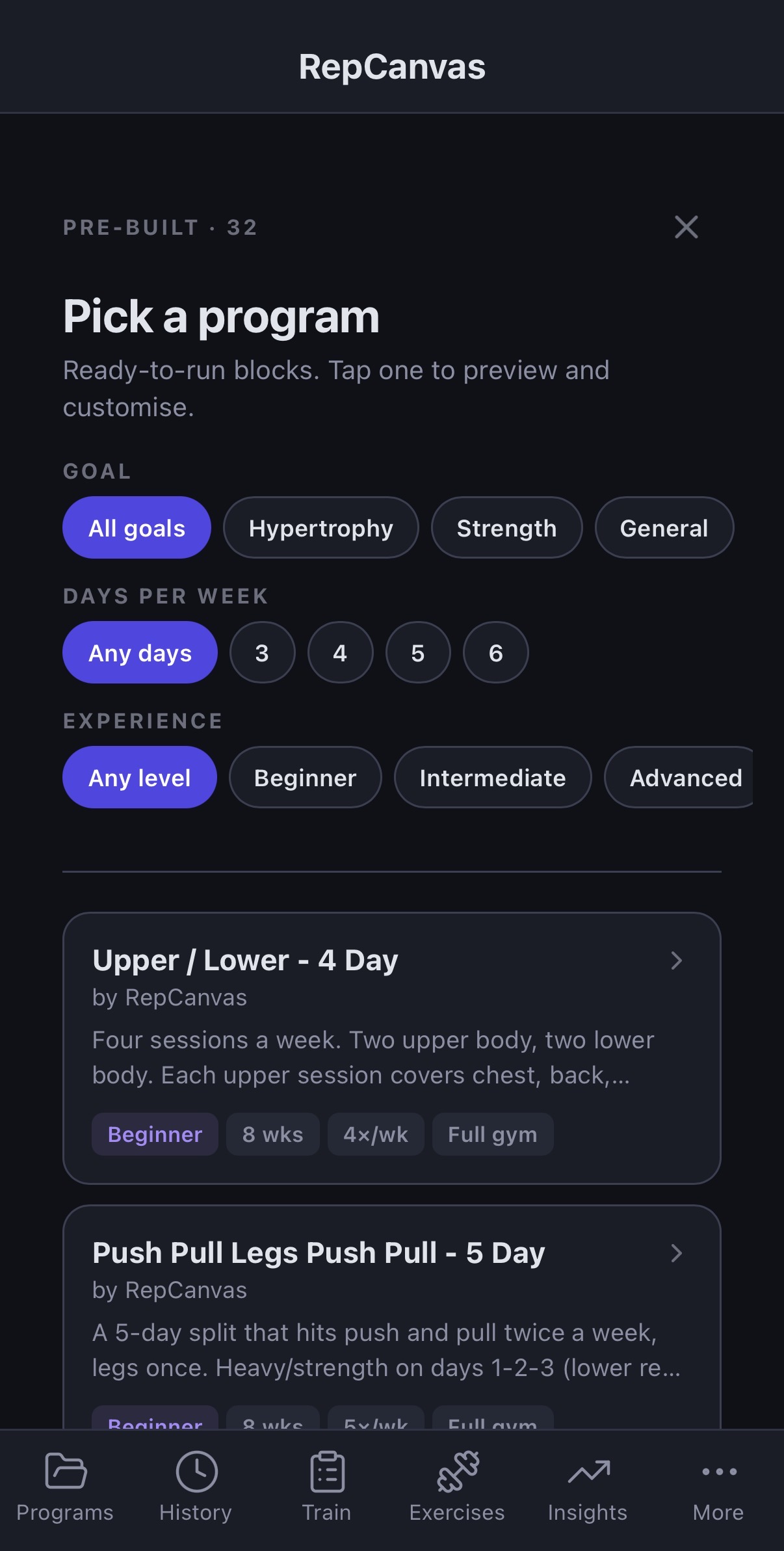 Pick a program — 32 vetted templates filterable by goal, days per week, and experience