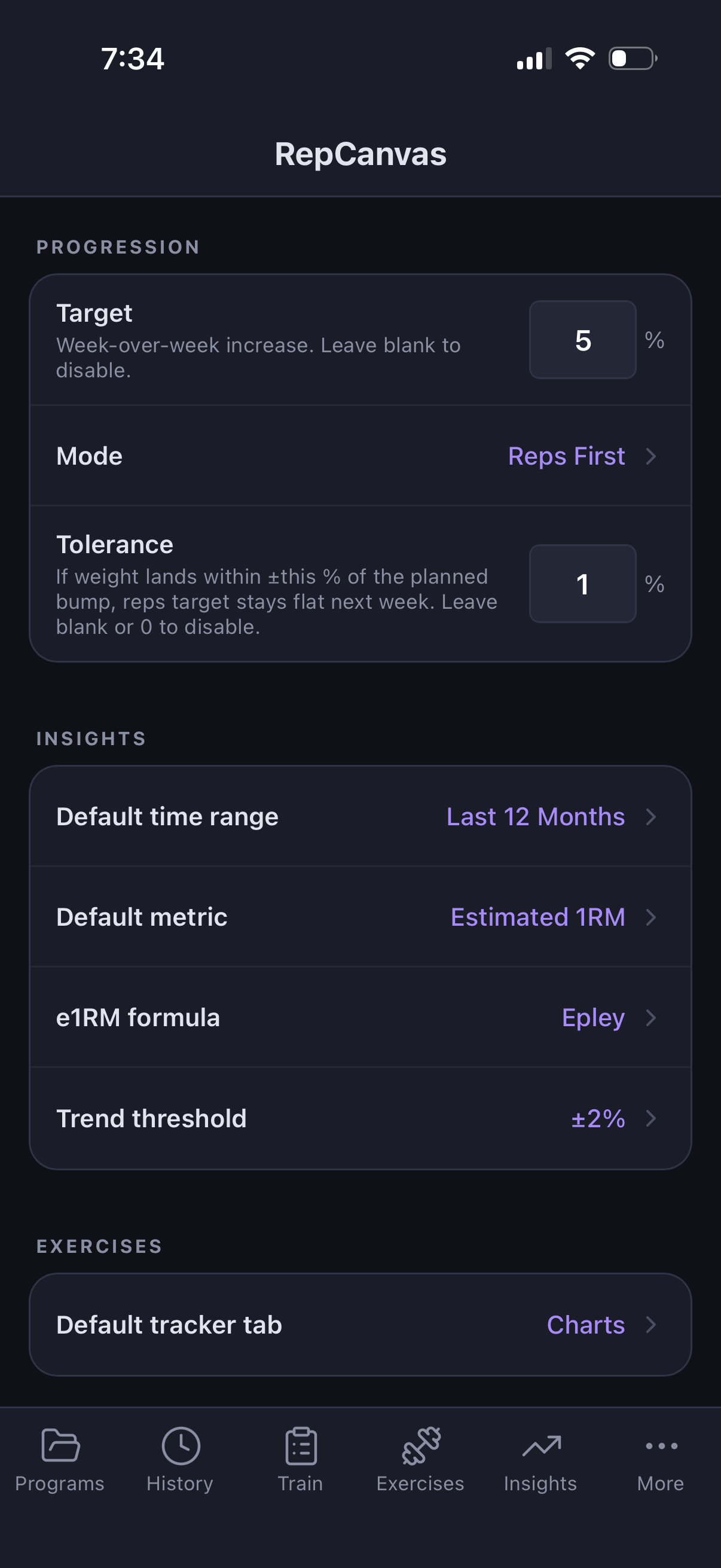 Progression settings — Target, Mode, and Tolerance per program