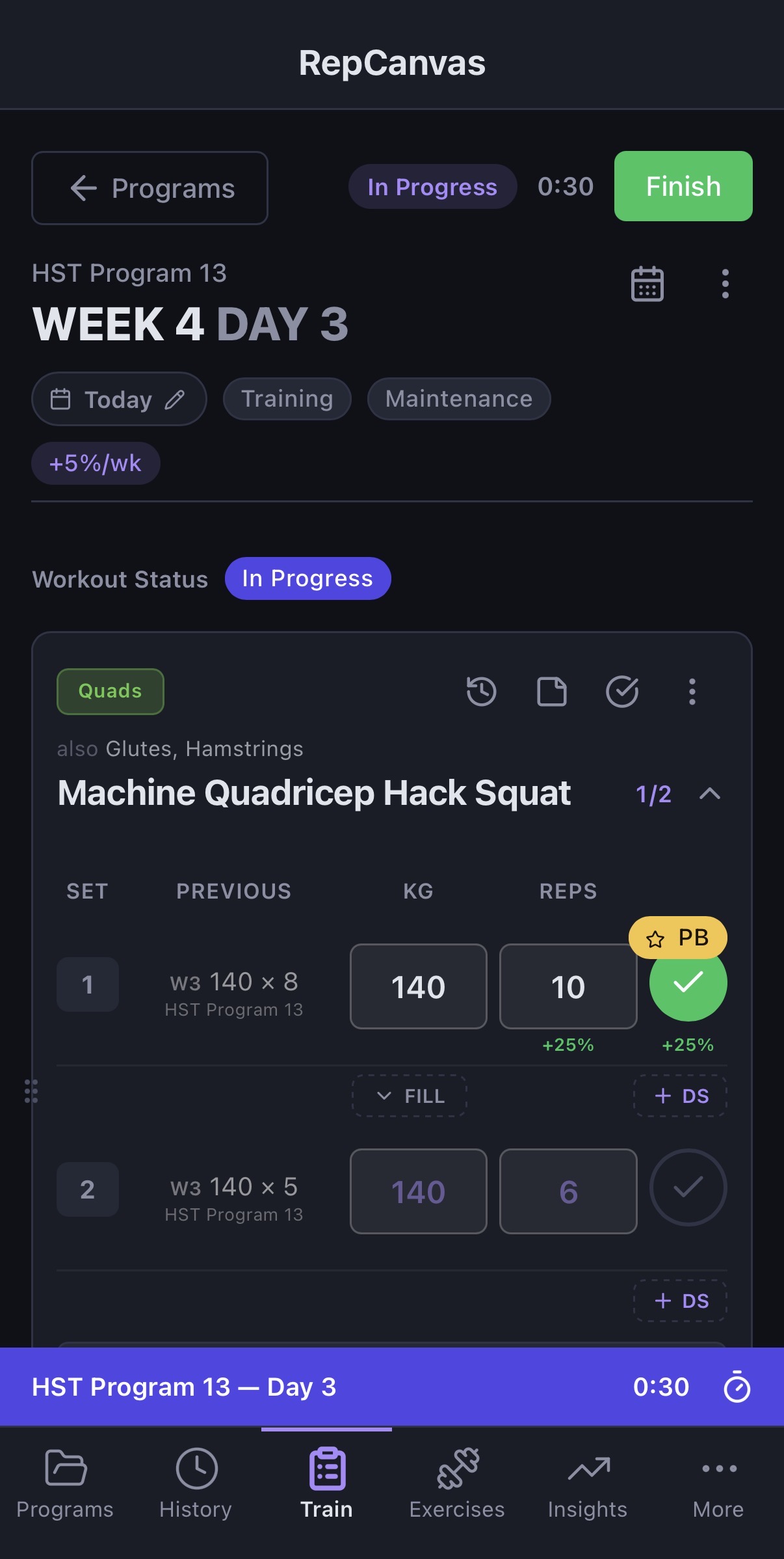 Workout logger showing a logged set with PB pill and progression delta