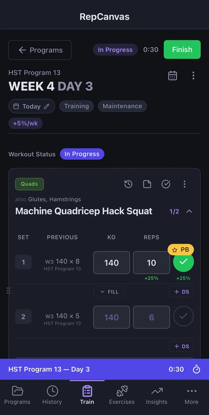 Workout logger mid-session with a logged set and PB pill