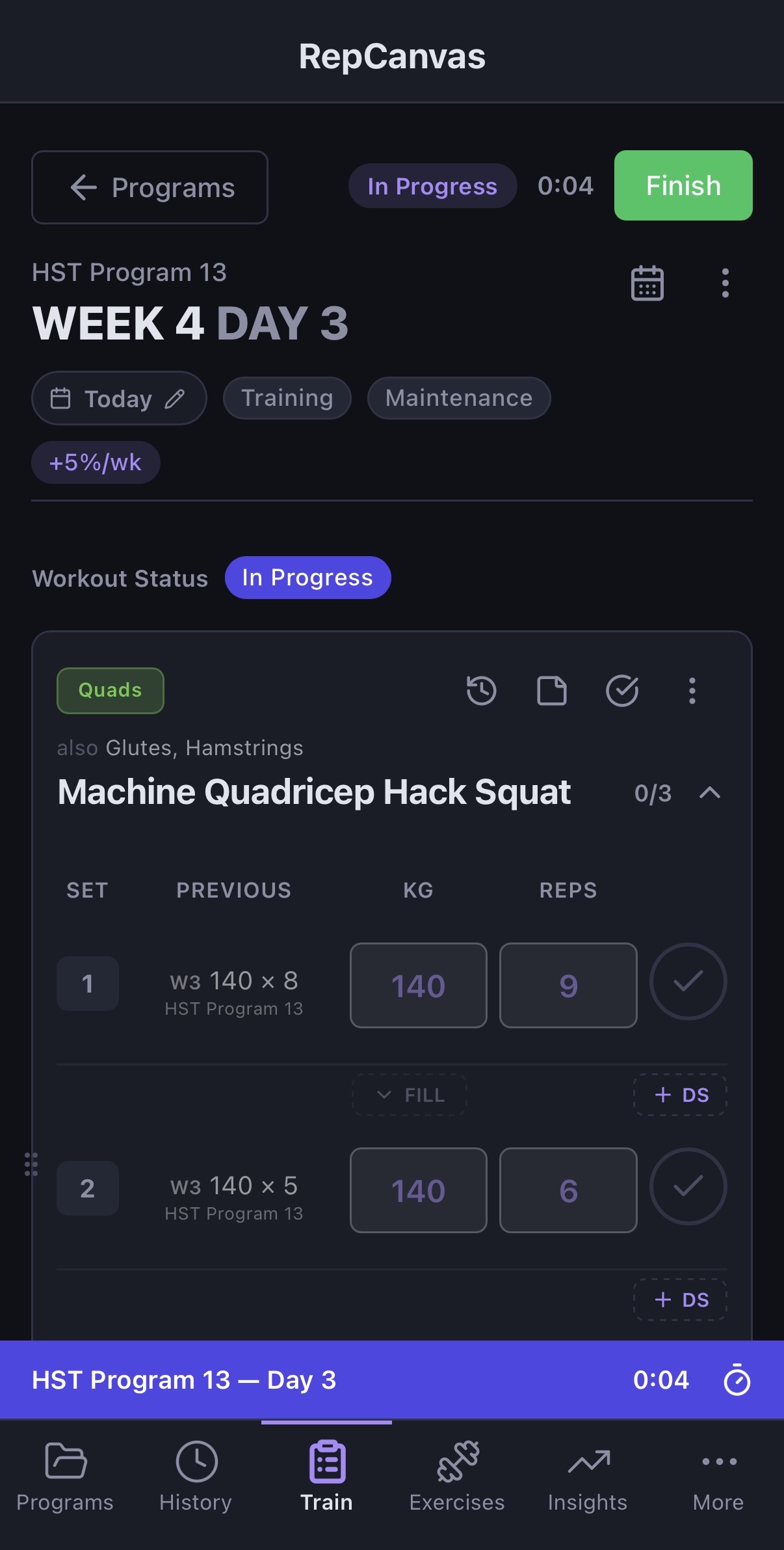 Workout in progress with sets prefilled from prior week and active timer